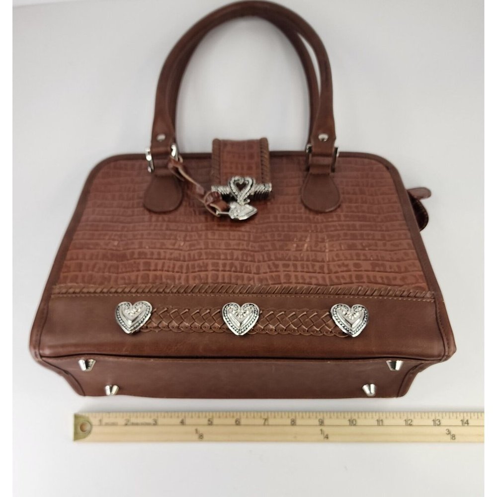 Womens Purse Brown Faux Croc Heart Charm Mom Core Braided Trim Clutch Bag - Picture 16 of 16